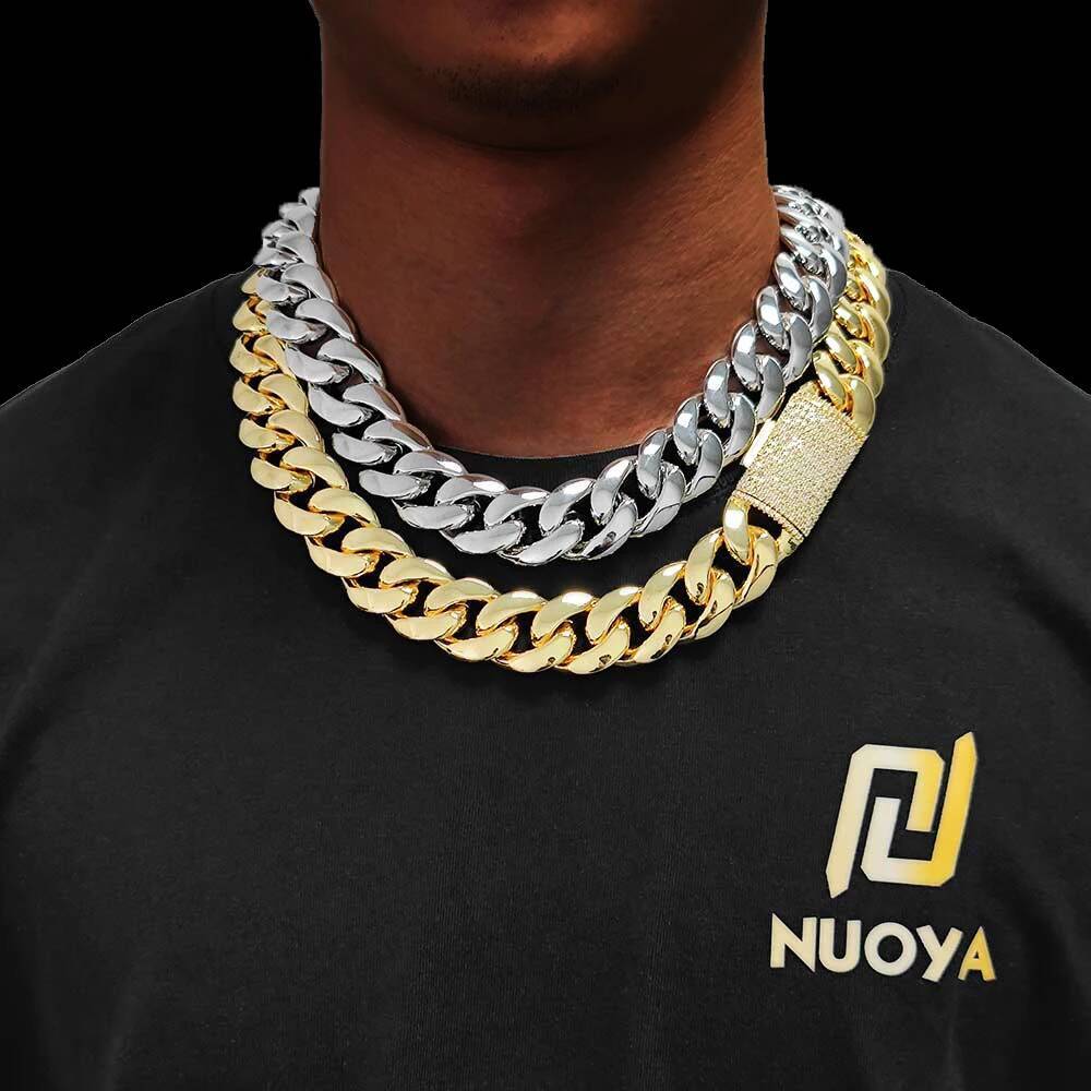 Hip Hop Rapper CZ Jewelry 12/22MM Real Gold Plated Solid Miami Cuban Link Chain Necklace For Men