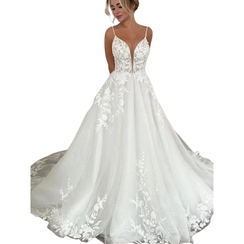 Glitter Lace Appliques Boho Wedding Dresses Deep V-neck Spaghetti Straps Summer Beach Bridal Gowns A-line Court Train Sleeveless Vestido De Novia