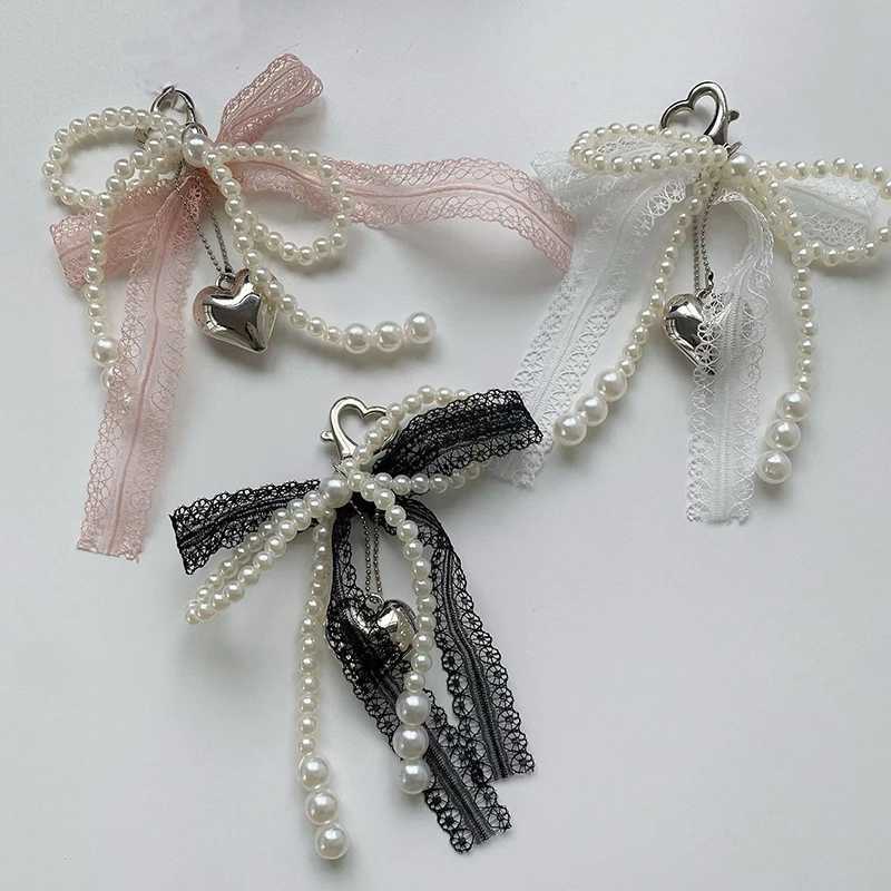 Y2K Sweet Lace Bow Beaded Bow Keychain Phone Charm Strap Pendant for Phone Accessories Bag Hanging Cord for Women Girl Gifts W250604