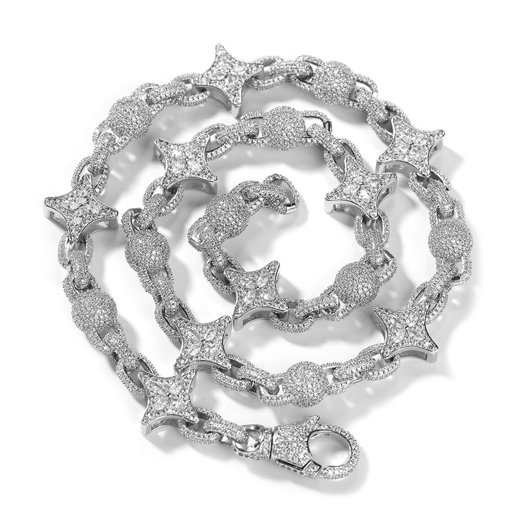 Hip Hop Four-pointed Star Flower Beads Infinite Cuban Chain Necklace 5A Zircons Mens Choker Jewelry