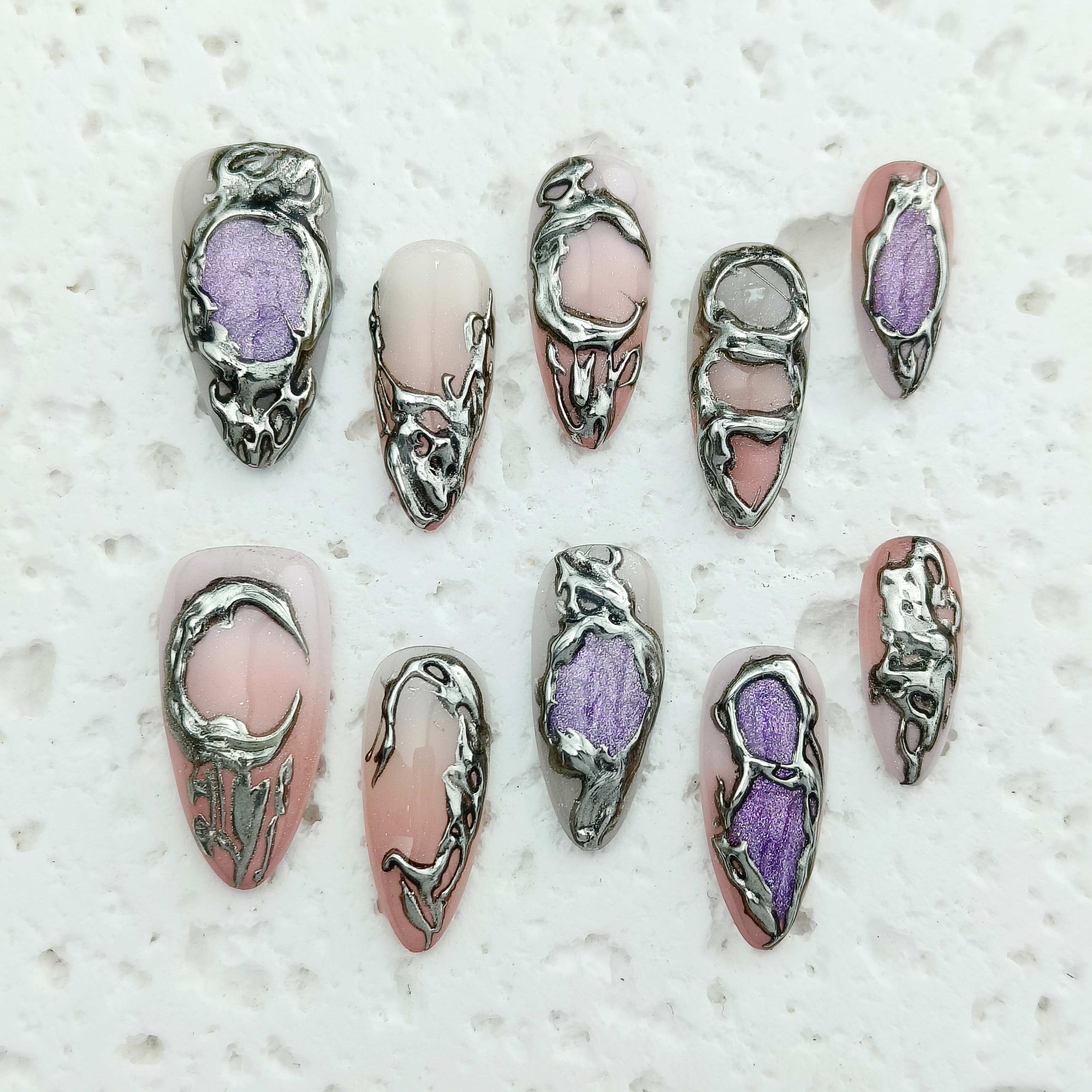 10pcs 3D Hand drawn Handmade Press-on nails Medium Almond Nails Abstract 3D Fake nails Bundle Finished nail stickers Free storage box jelly glue nail 