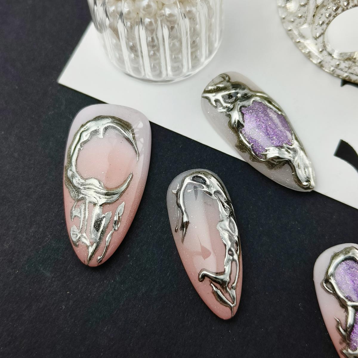 10pcs 3D Hand drawn Handmade Press-on nails Medium Almond Nails Abstract 3D Fake nails Bundle Finished nail stickers Free storage box jelly glue nail 