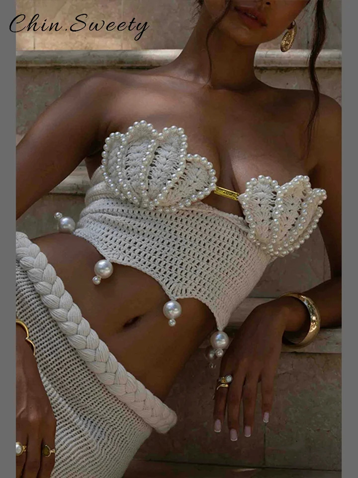Sexy Crochet Hollow Out Pearl Skirt Set Women Solid Crop Bikini Tops Slim Hip Package Skirts 2025 Summer Lady Beach Outfits 250529