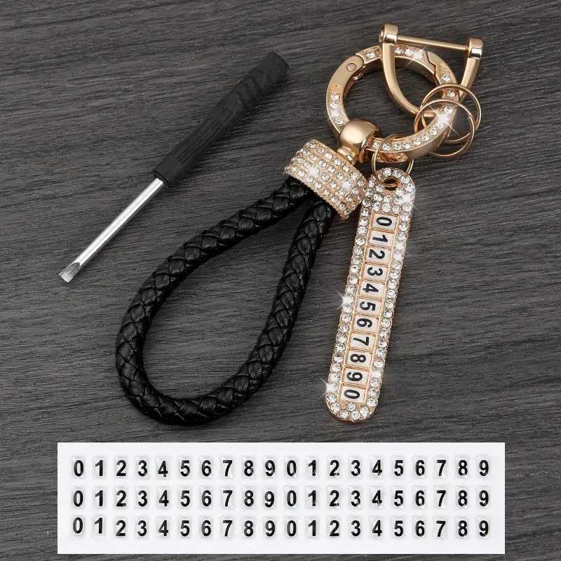Fashion Personalized Handmade Rhinestone Keychain with Phone Number Tag Leather Keyring Crystal Anti-lost Design Accessories M250604