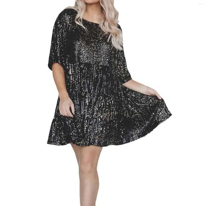 Spring Summer European and American Sequin Short Sleeve Round Neck Ruffle Loose Dress 2025 Elegant Versatile New Trendy Fashion Ins