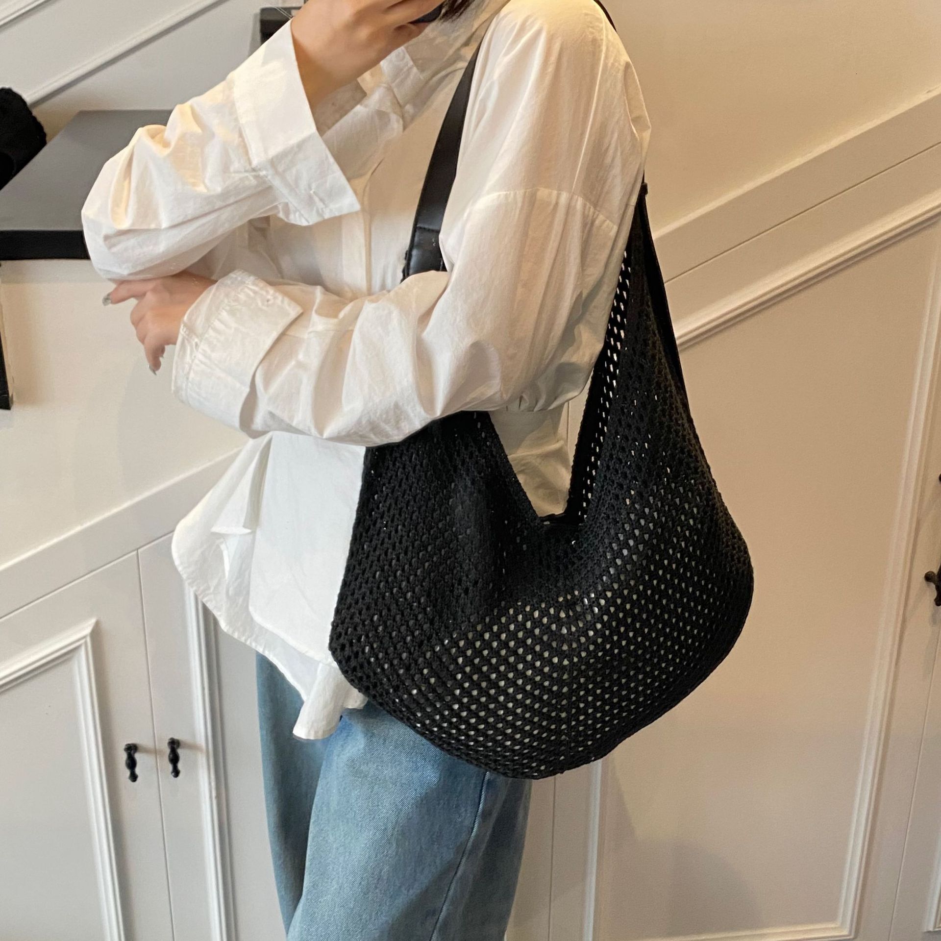 designer Summer Korean Niche Fashion Versatile Woven Rope Hollow Tote Design Mesh Handbag Mother and Child Bag Single Shoulder Large Bag