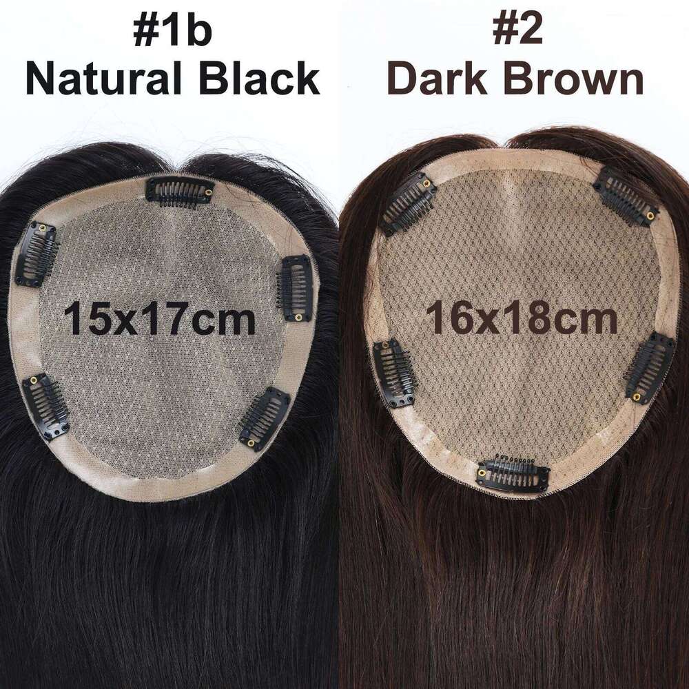 16x18cm Full Hand Made Silk Base with Clips in Virgin European Real Human Topper for Women Dark Brown Hair Toupee
