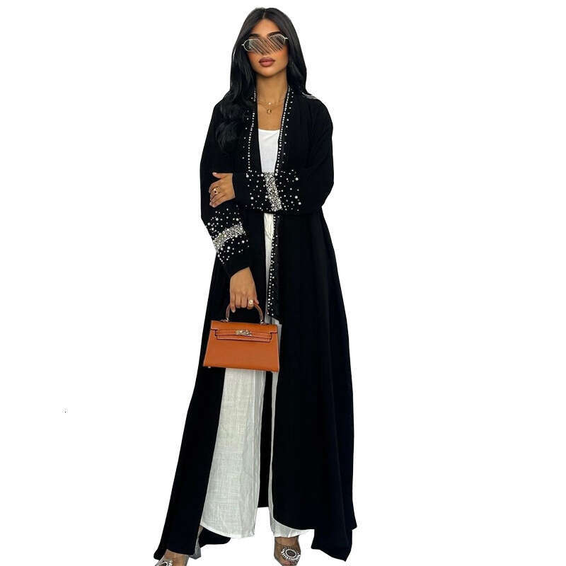 Mq128 Women's Long Dubai Rhinestone Beaded Cardigan Robe Dress With Headscarf B5
