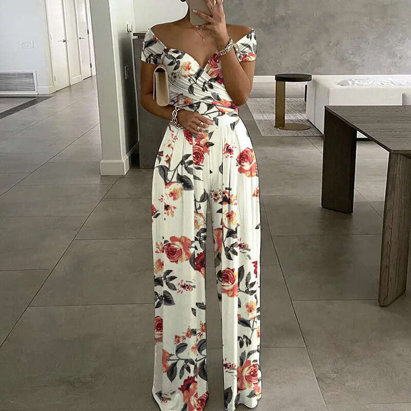 New Women's Fashion Elegant Commuter Printed Wide-Leg Jumpsuit B5
