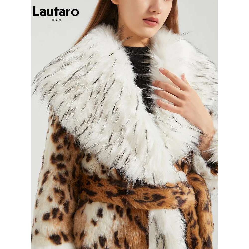 Lautaro-Faux Fox Fur Coat with Trim and Cuff for Women, Long Warm Thick Leopard Print, Furry Overcoat, Winter