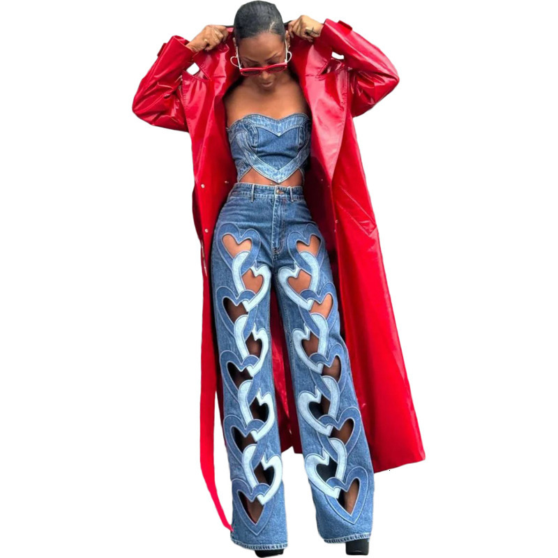 Womens Jeans 2025 New Fashion Elastic And Personalized Denim Pants With Hollowed Out Embroidery And Heart-shaped Straight Leg Pants
