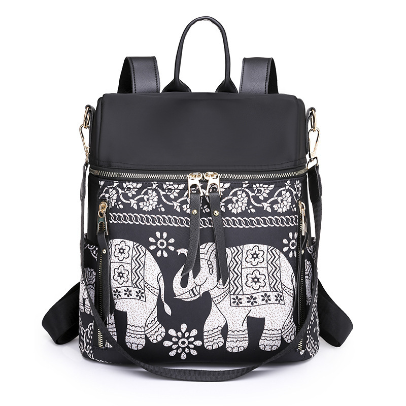 Free Shipping Elephant Print Oxford Cloth Outdoors Backpack For Women Casual Multi-functional Bag Designer Bag Ethnic Style Student Shoulder And Cross