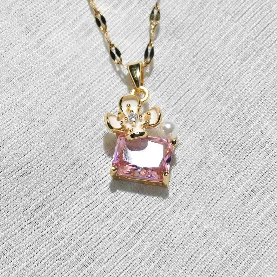 Luxurious Pink Butterfly Square Zircon Titanium Steel Necklace with Micro-Inlaid Pearl Pendant for Women XJ250604