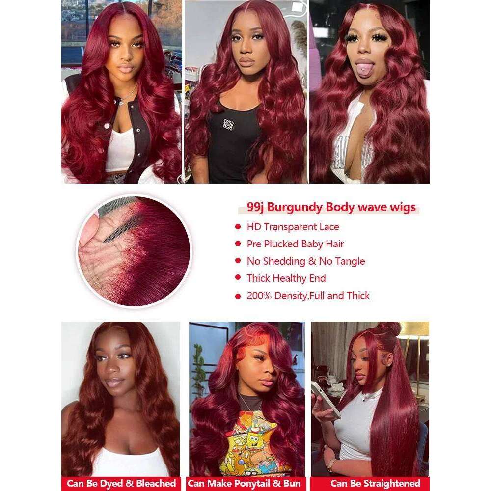 250 Density 99J Bury 13x6 Frontal Wigs Body Wave 30 40 Inch 13x4 HD Lace Front Wig Human Hair Red Wine Water Brazilian