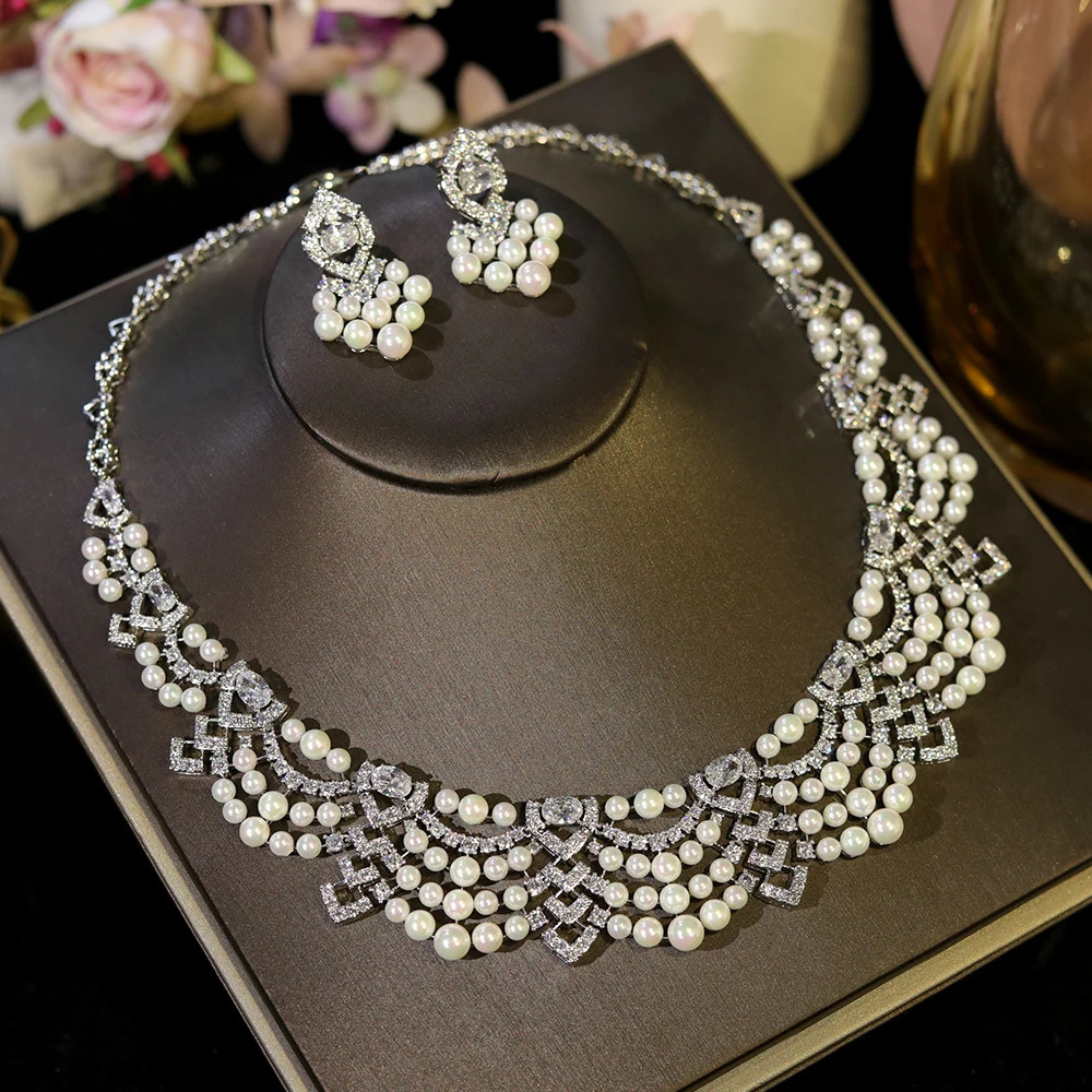 Crystal Zircon Circular Shape golden Pearl Necklace Women Dubai Bridal Wedding Birthday Party Indian Jewelry Set Gift 250530