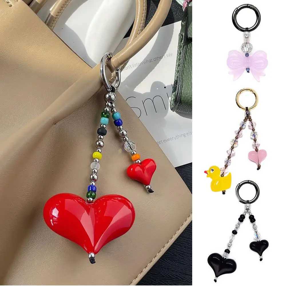 Fashion Key Chain With Red Heart Y2k Style Bag Pendant Sweet Cool Trendy Bag Pendant Korean Cute Beaded Keychain Bag Charms New W250604