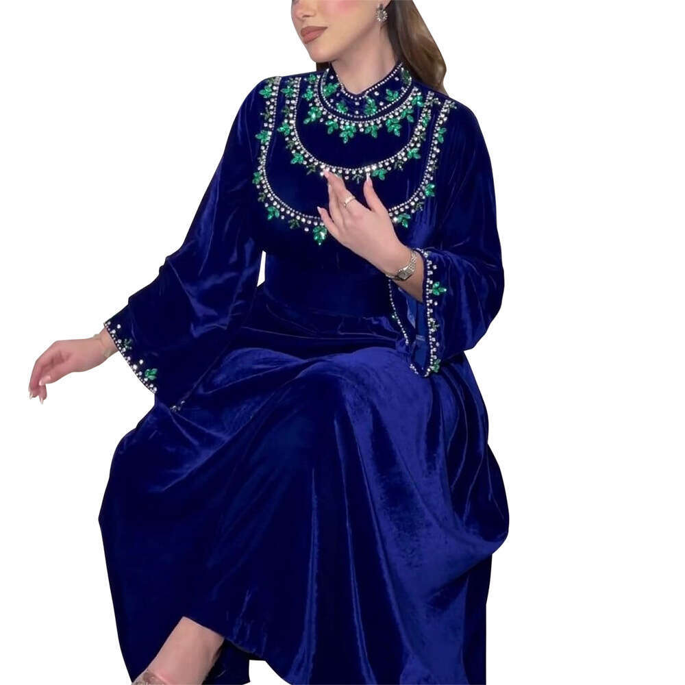 Because 0249 Saudi Arabia Abaya Robe Velvet Zipper Green Water Drop Rhinestone Dress B5