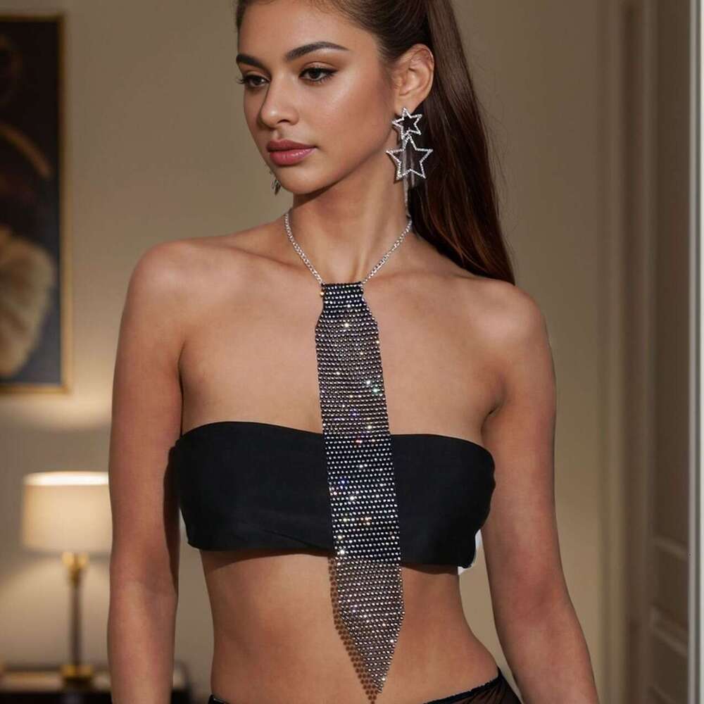 Fashionable Shein Hot Girl Clubbing Tie with Sparkling Rhinestones & Multiple Rows of Fishnets