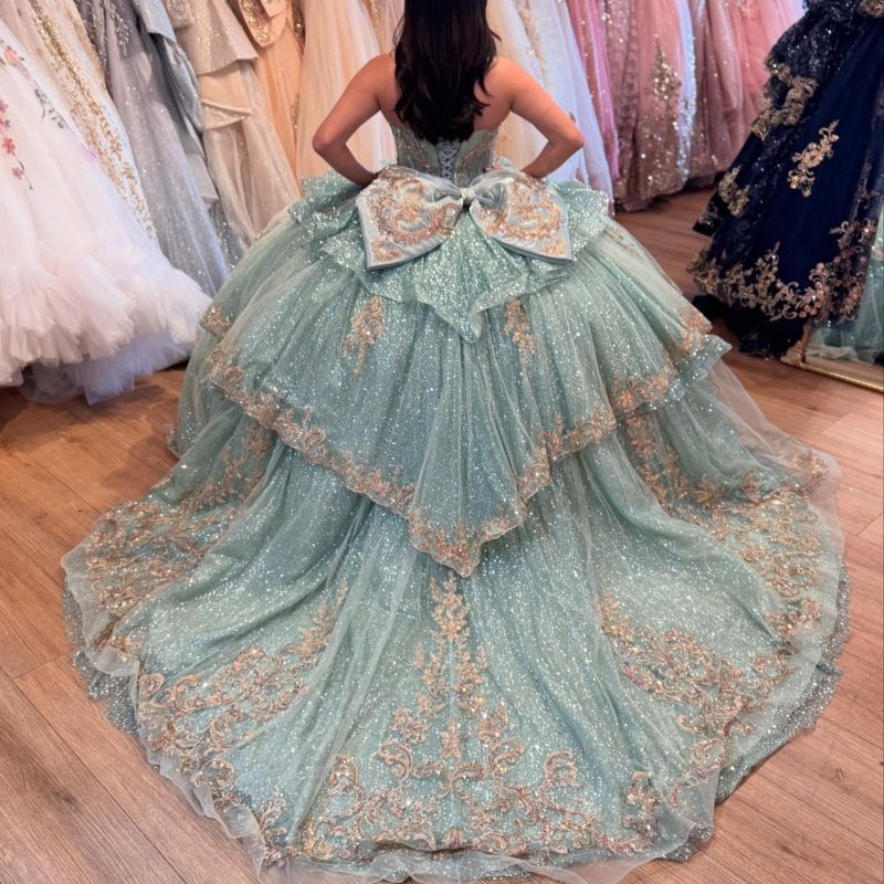 Mint Green Shiny Quinceanera Dresses Ball Gown Applique Lace Beads Bow Tull Party Birthday Sweet 16 Vestidos De XV 15 Anos