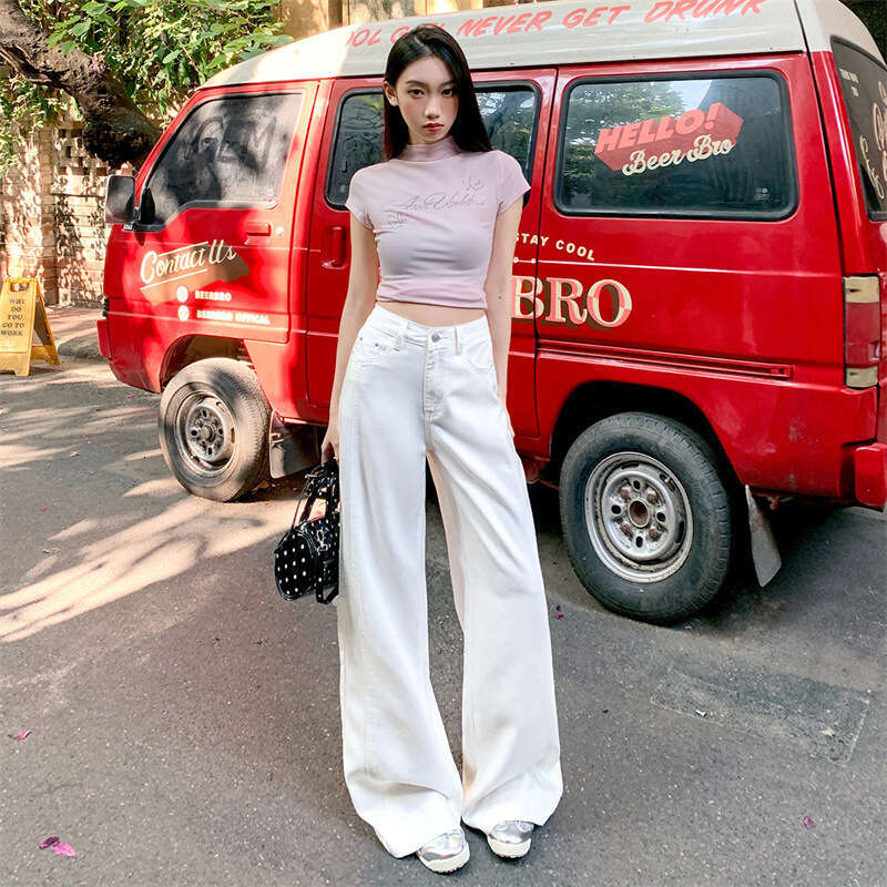 White Tencel Wide-Leg Jeans For Women Spring Summer New High-Waist Slimming Three-Proof Draped Straight-Leg Floor-Length Pants B5