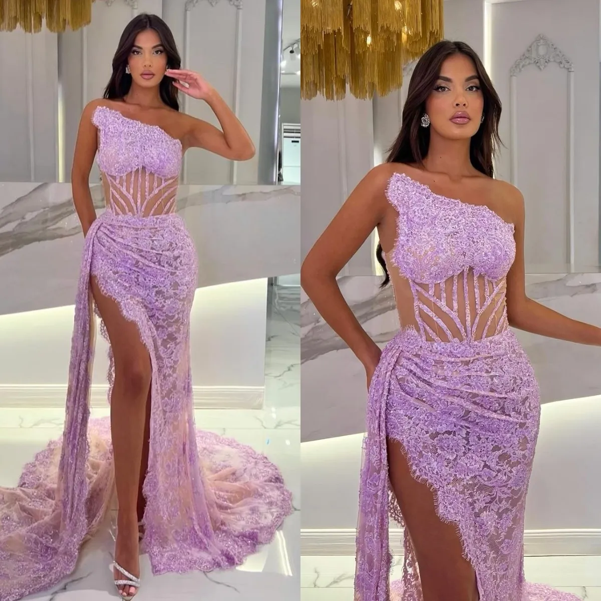 Sexy Sequins Lace Mermaid Prom Dresses Illusion Bone Bodice Strapless Party Dresses Side Slit Customized Evening Dress