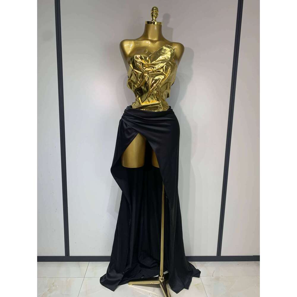 2025 New Arrival Women Gold Color Sexy Laced-Up Tops 2 Pieces Set Long Celebrate Evening Party Celebrity Elegant Dress