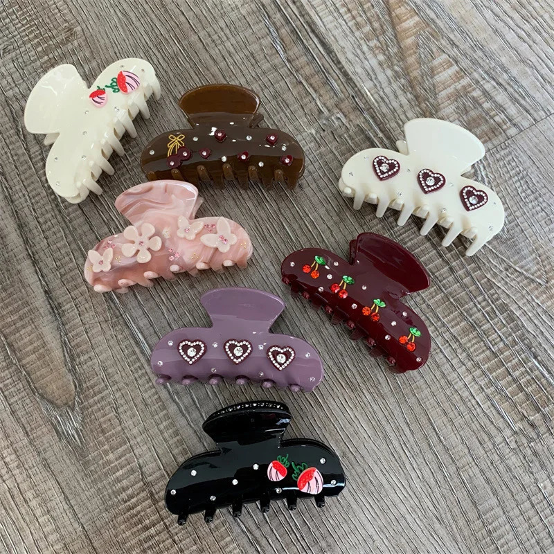 Fashion Fruit Cherry Crystal Hair Claw For Women Korean Elegant Acetate Claw Clip Hair Catches Hair Accessories 250528