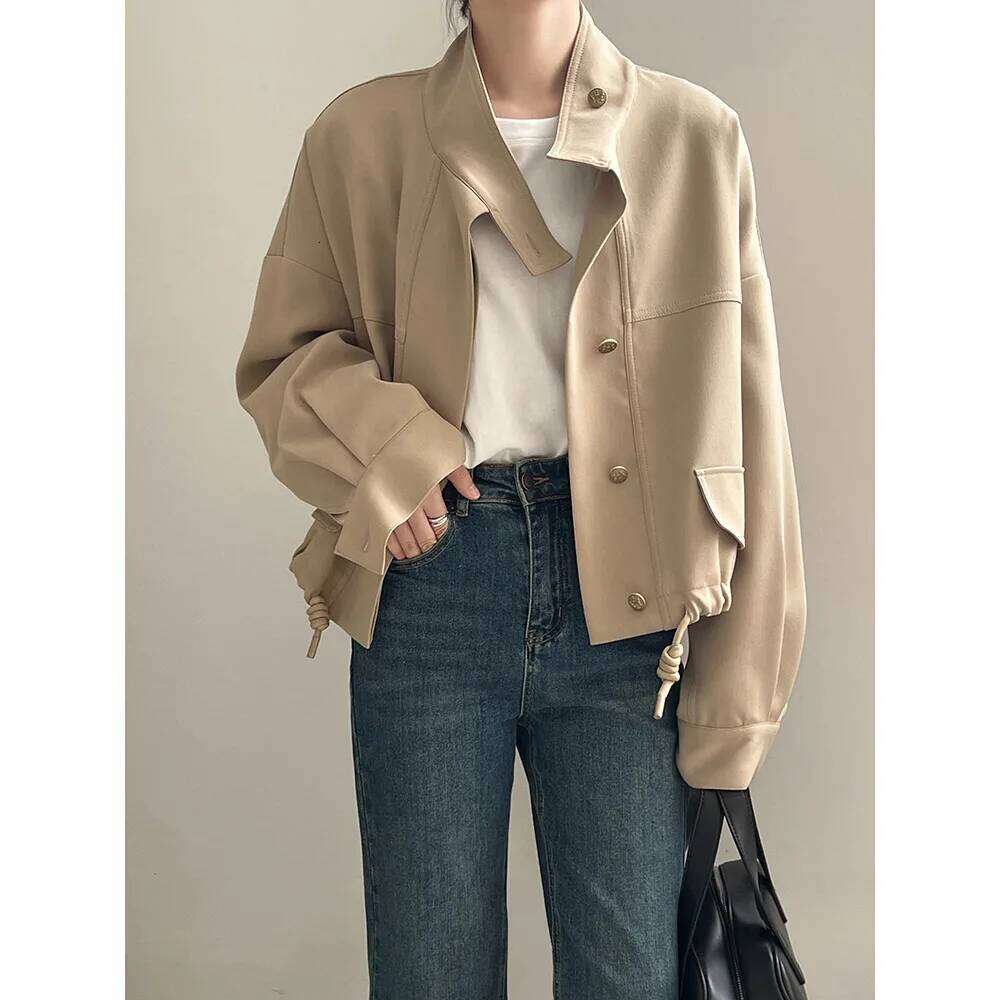 FSMG Women's Casual Jacket,Autumn Korean Style Stand Collar, Comfortable Loose Fit Solid Color, Short Jacket with Drawstring Hem