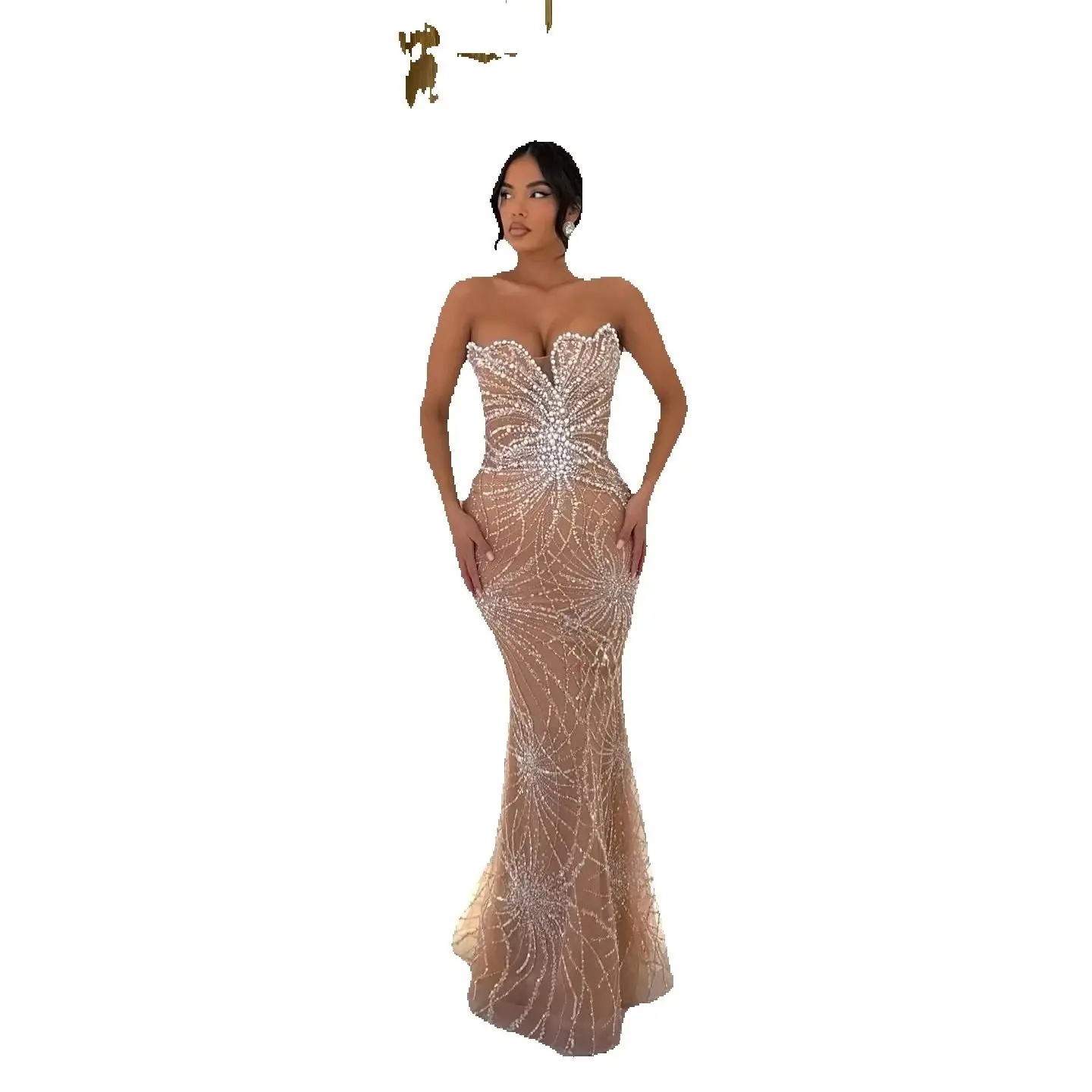 Gorgeous Strapless Prom Dresses Elegant Beaded Pearls Evening Dress Backless Sleeveless Celebrity Sequined Party Gown Customized