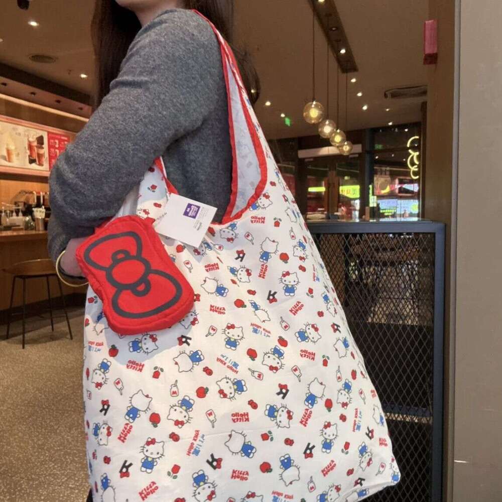 Shopping Kitty Red Bow 2025 New Foldable Storage Eco-friendly Full Print Single Shoulder Handheld Tote Bag