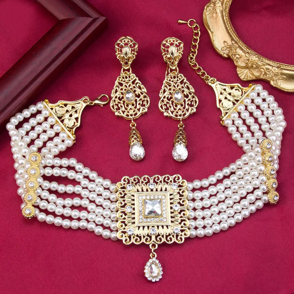 Sunspicems Gold Color Moroccan Beads Chain Choker Necklace Long Drop Earring For Women Arabic Bridal Jewelry Set Square Pendant 250530