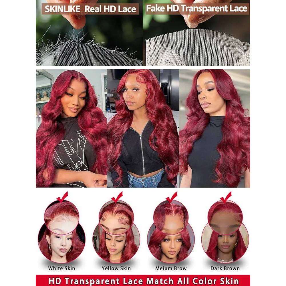 250 Density 99J Bury 13x6 Frontal Wigs Body Wave 30 40 Inch 13x4 HD Lace Front Wig Human Hair Red Wine Water Brazilian