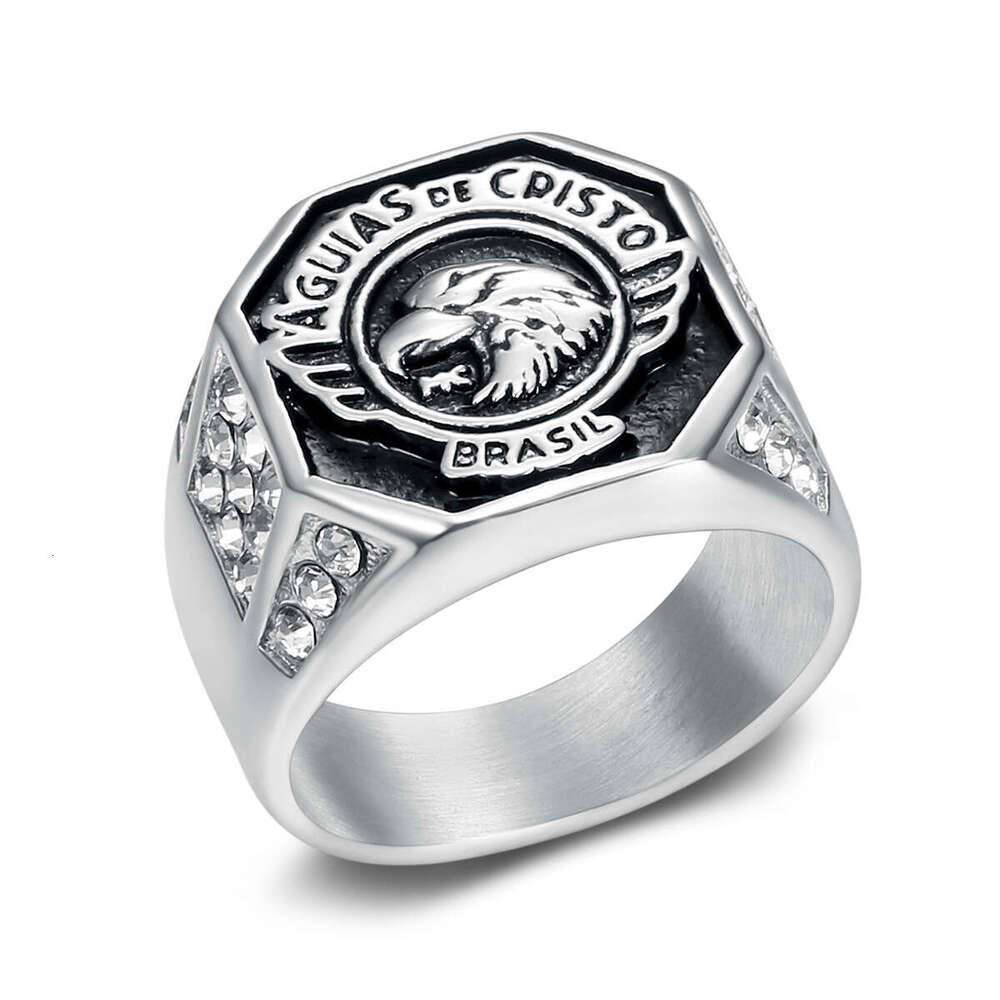 Titanium Steel Championship Brazilian Eagle Motocross Ring Featuring Sparkling Gold Rhinestone Inlay