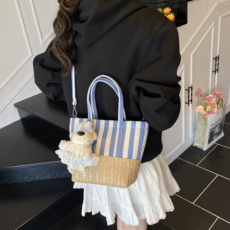 designer Canvas Patchwork Straw Woven Handbag for Women 2025 New Trend Striped Beach Bag Underarm Shoulder Bag Casual Tote Bag