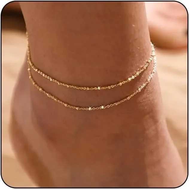 Gold/Silver Ankle Bracelets for Women 14K Gold Anklets for Women Waterproof Beads Anklets Set Layered Anklet Gold Jewelry Gift W250604