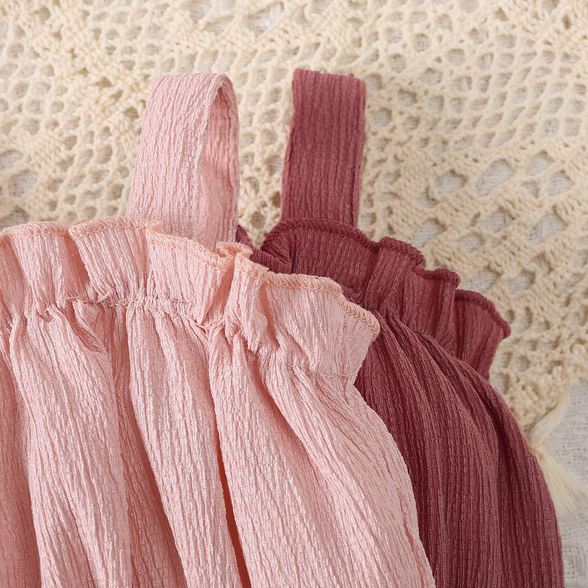 Two Pieces Girls' Fashion Pure Pink Color Baby Onesie Set with Soft Fabric & Stringy Selvedge Triangle Romper for Summer Outdoors