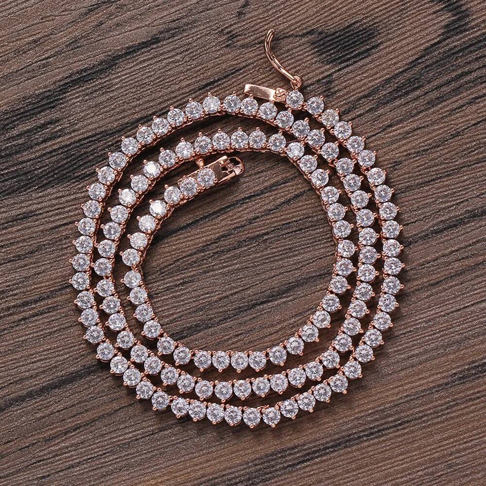 3MM Rose Gold Color White CZ 3 Prong Set Tennis Chain Women Necklace Fashion Jewelry BC101