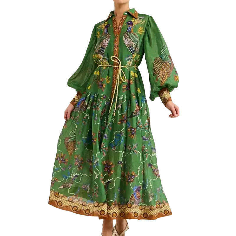 Women's Printed Lantern Sleeve Waist-Cinching Flared Dress B5