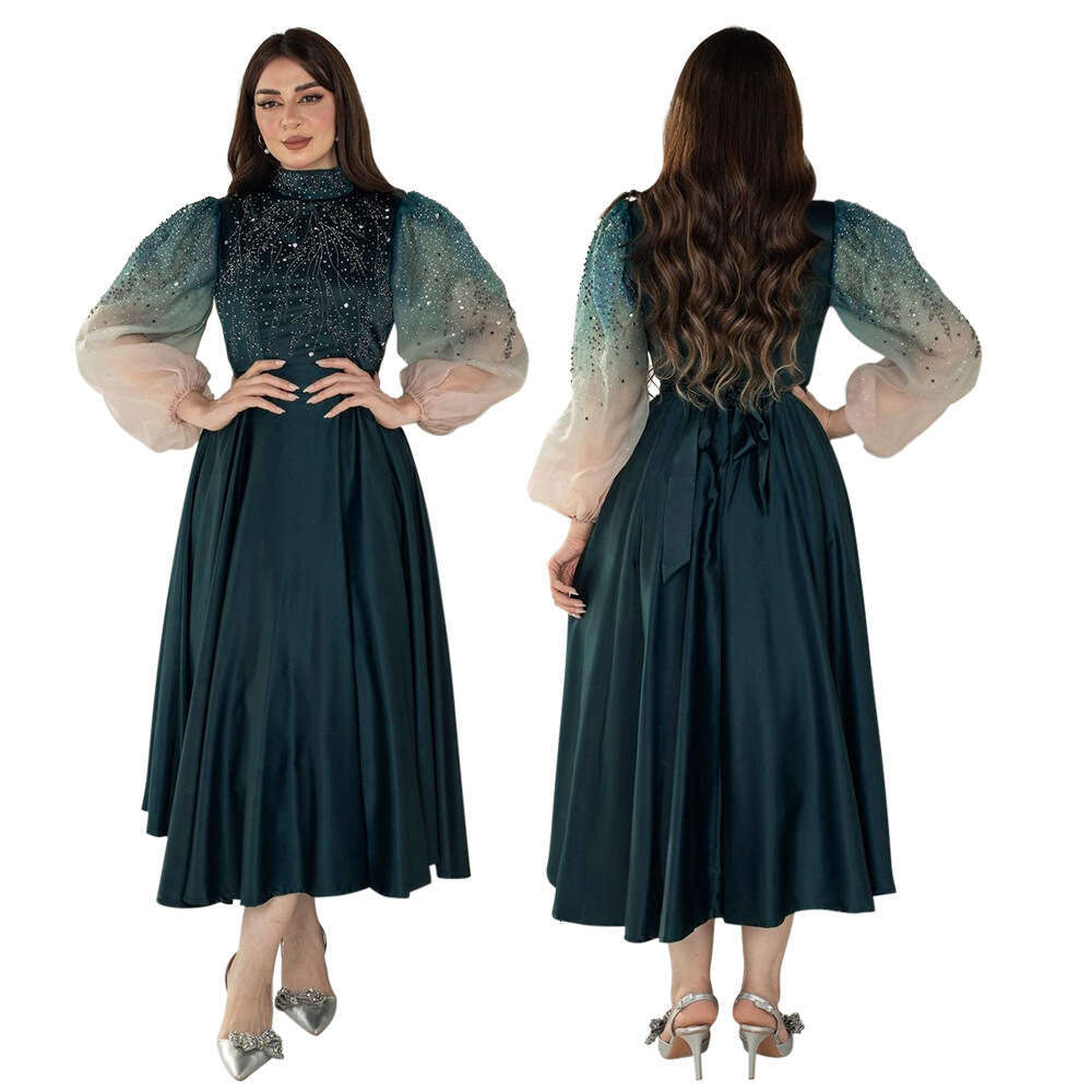 Because0287 Jalabiya Muslim Rhinestone Robe Puff Sleeve Evening Dress Gradient Color Gown B5