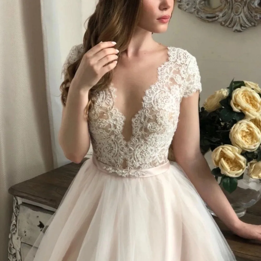 Boho A-Line Wedding Dresses Cap Sleeve Lace Appliques Sheer Backless A-line Tulle Beach Long Bridal Gown Light Pink Liner Custom Made Vestido De Novia