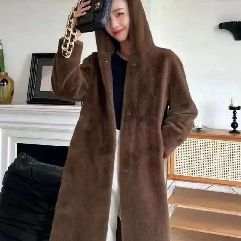 Hooded Medium Long New Mink Jacket National StyleThickened with Hat Fluff Autumn Winter Anti-season Clearance