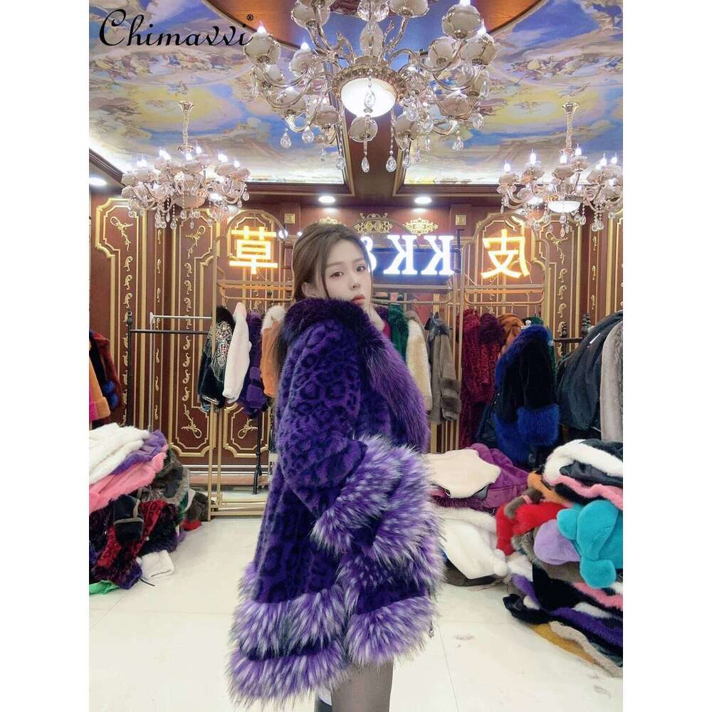 Autumn Winter New European Purple Leopard Print Front Short Rear Coat Loose Long Sleeve Warm Elegant Women Faux Fur