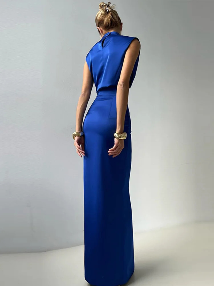 Sexy Satin Skirt Women 2 Piece Sets Turtleneck Sleeveless Vest High Waist Long Bodycon Skirts Suit Elegant Female Commute Outfit 250604Z