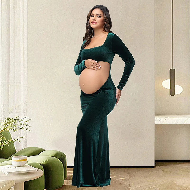 Maternity Pography Dress Velvet Sexy Exposed Belly Long Sleeve Backless Square Neck Women Poshoot Dress 250530