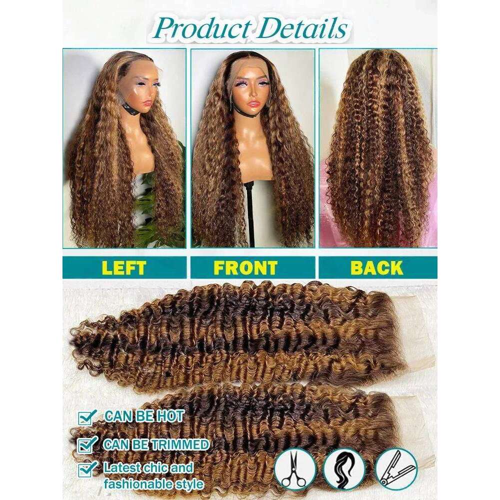 230 Density 4/27 Highlight Ombre Deep HD Front Wigs Curly 30 40 Inch Brown 13x6 Lace Frontal Human Hair Wig Water Wave