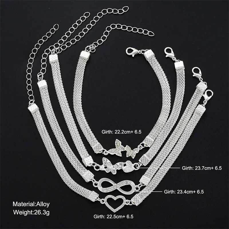 4PCS Shiny Heart Butterfly Infinity Crystal Rhinestone Anklet Set for Women Vintage Silver Color Ankle Bracelet Foot Jewelry W250604