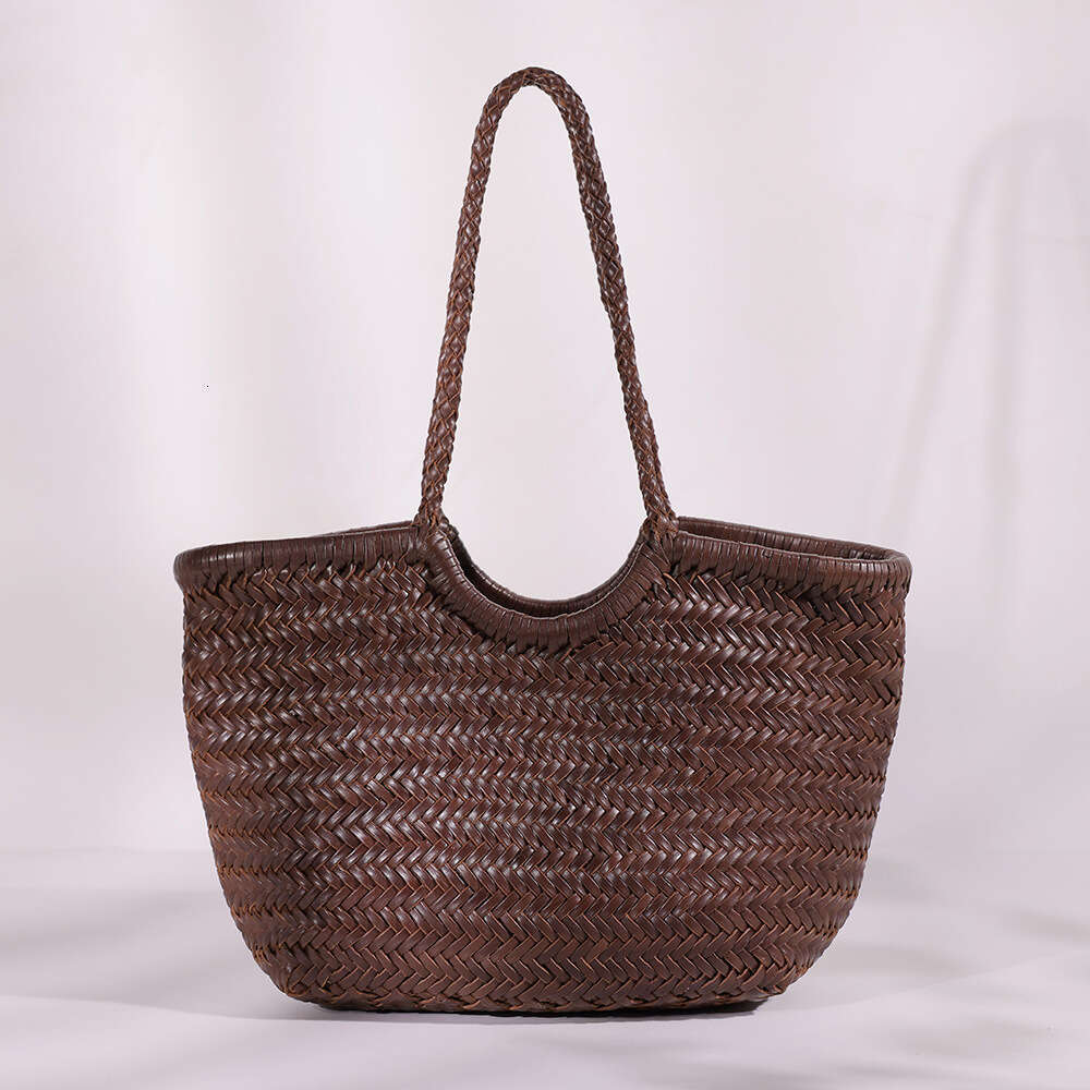 Woven Bag Leather Top Layer Vegetable Tanned Pure Handwoven Basket Handbag Genuine Leather Large Capacity Tote Bag Soft Woven Tote