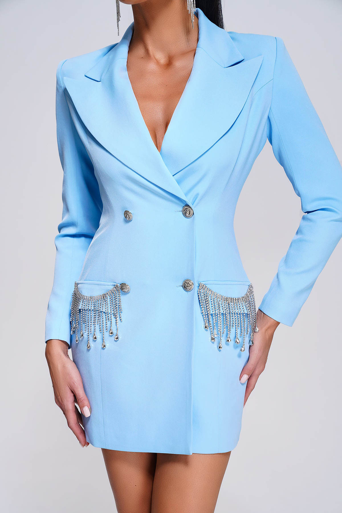 Sky Blue Women Blazer Dress Celebrity Lady Beading Evening Party Wedding Formal Outfits One Jacket