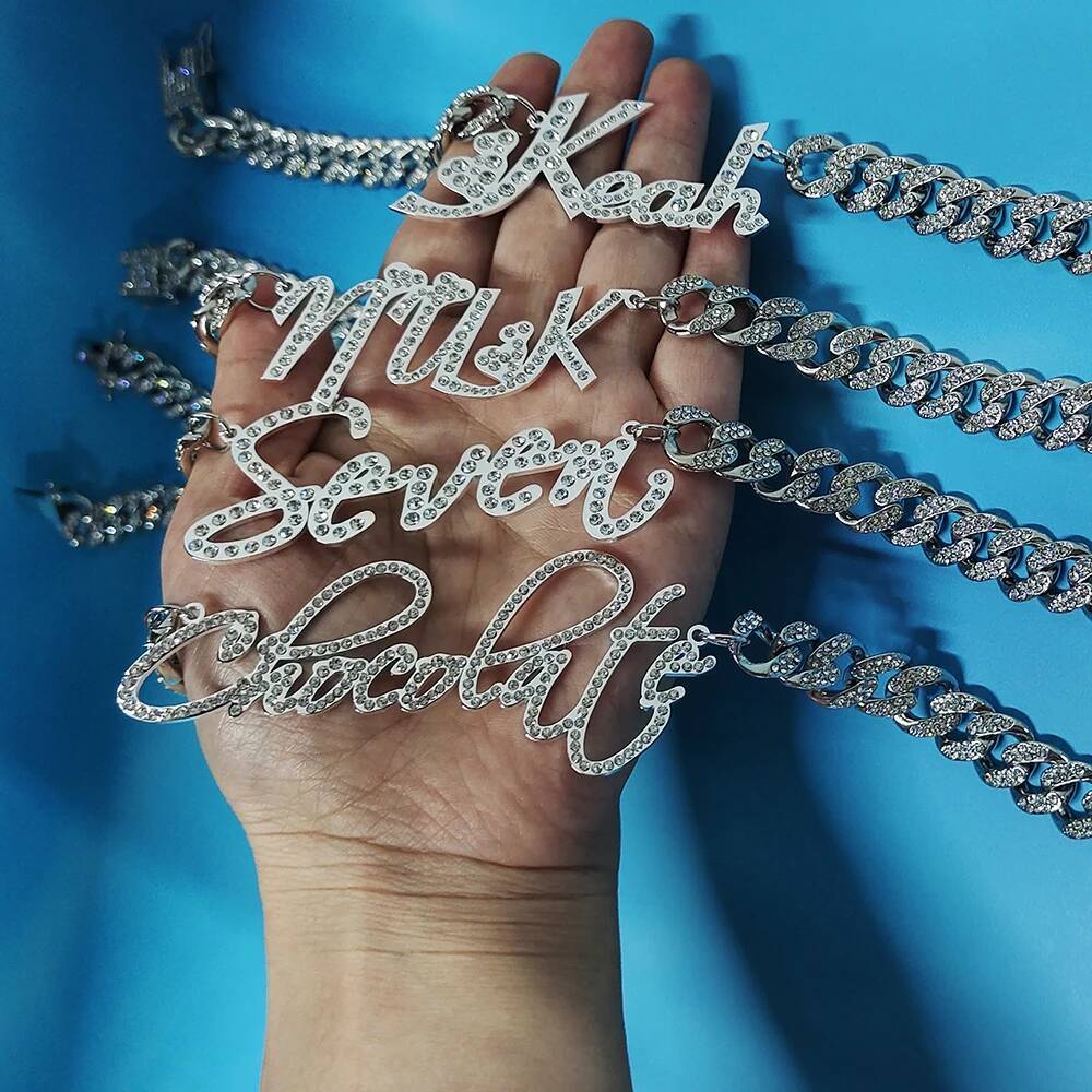 AI Customized Stainless Steel Word Name Necklace 1.2cm Rhinestone Chain Miami Cuban Link for Men Women Hip hop Jewelry