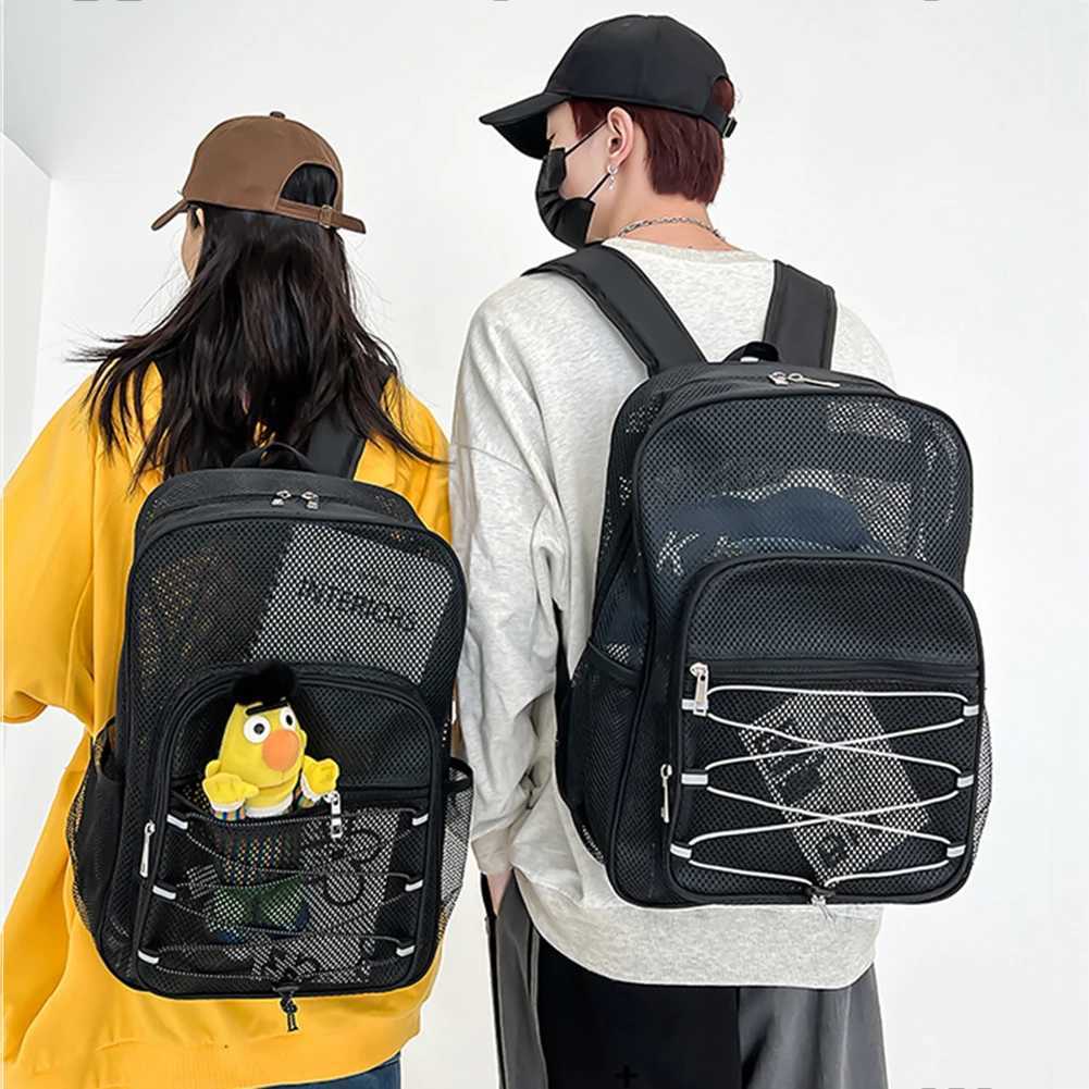 Unisex Gym Bag Multifunctional High Capacity Backpack Wear-resistant Semi-Transparent Bookbag Solid Color Mesh Sport Fitness Bag W250603